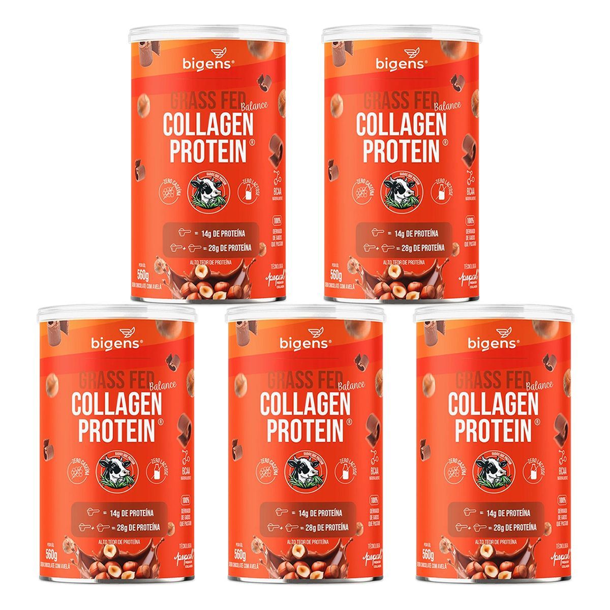 Kit 5X Grass Fed Balance Collagen Protein - 560g Chocolate com Avel� - Bigens