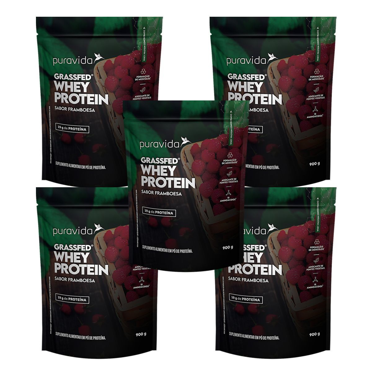 Kit 5X Grassfed Whey Protein - Refil 900g Framboesa - Pura Vida