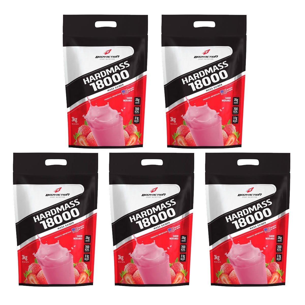 Kit 5X Hard Mass 18000 - 3000g Morango - BodyAction