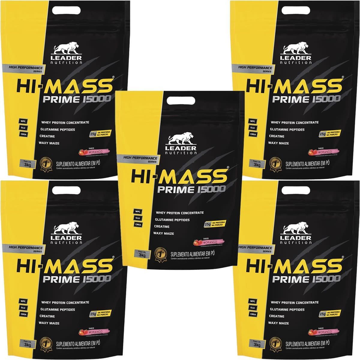 Kit 5X Hi-Mass Prime 15000 - 3.000g Refil Morango - Leader Nutrition