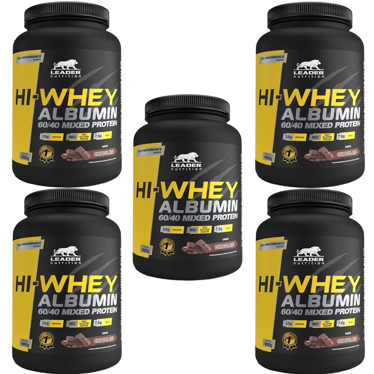 Kit 5X Hi-Whey Albumin 60/40 Mixed Protein - 900g Chocolate - Leader Nutrition