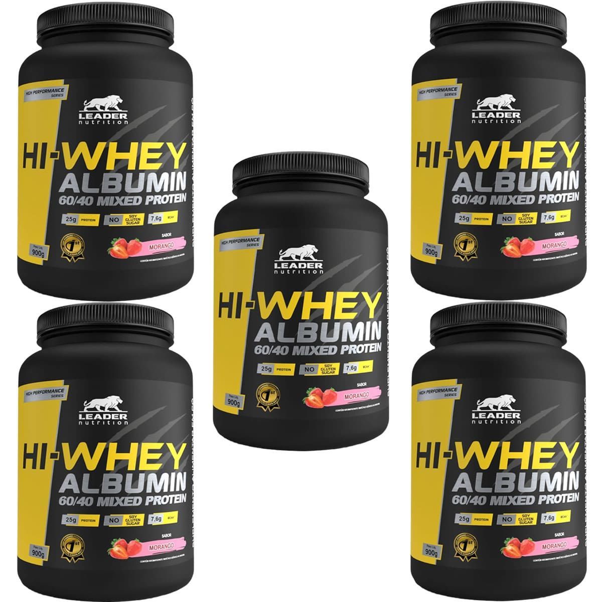 Kit 5X Hi-Whey Albumin 60/40 Mixed Protein - 900g Morango - Leader Nutrition
