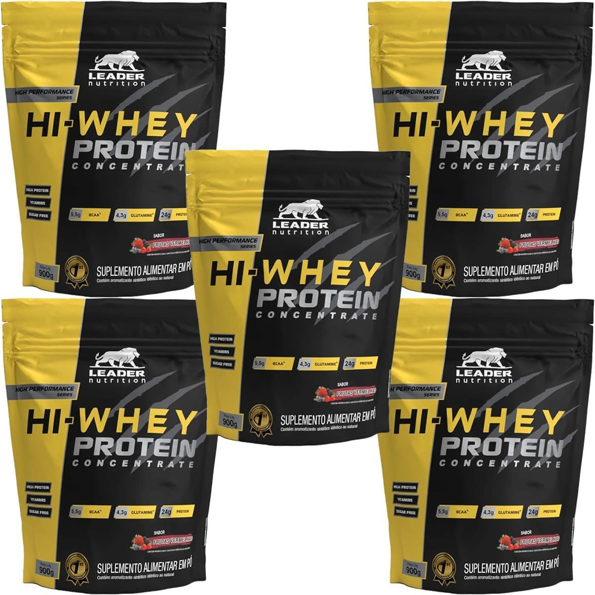 Kit 5X Hi-Whey Protein Concentrate 100% - 900g Refil Frutas Vermelhas - Leader Nutrition