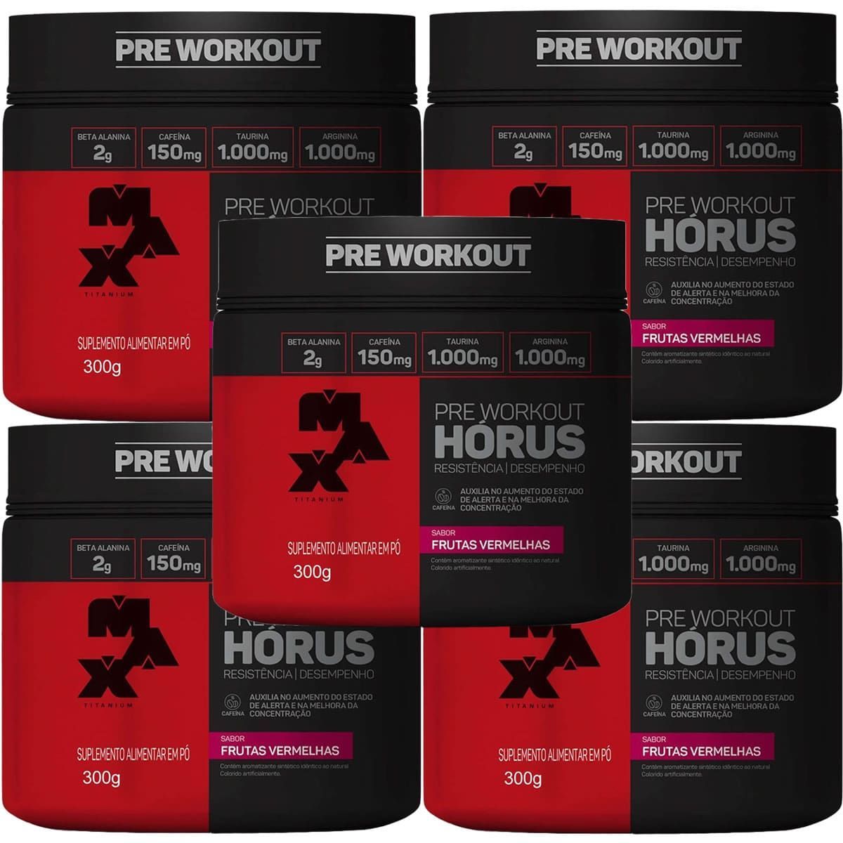 Kit 5X H�rus Pre Workout - 300g Frutas Vermelhas - Max Titanium