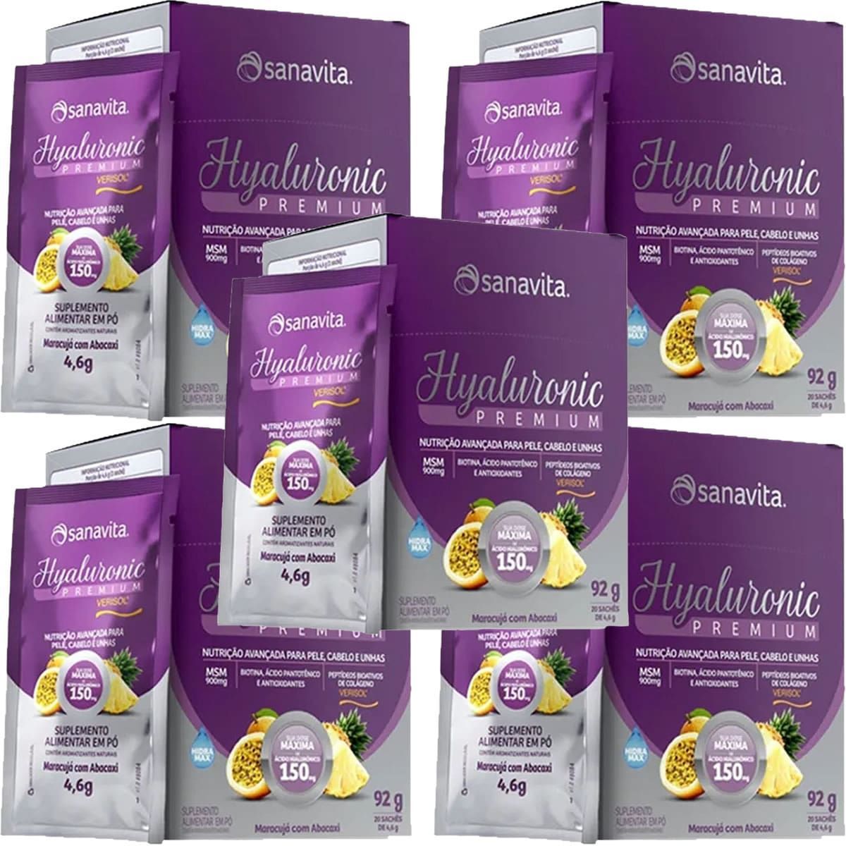 Kit 5X Hyaluronic Premium Verisol - 20 Sticks de 4,6g Maracuj� com Abacaxi - Sanavita