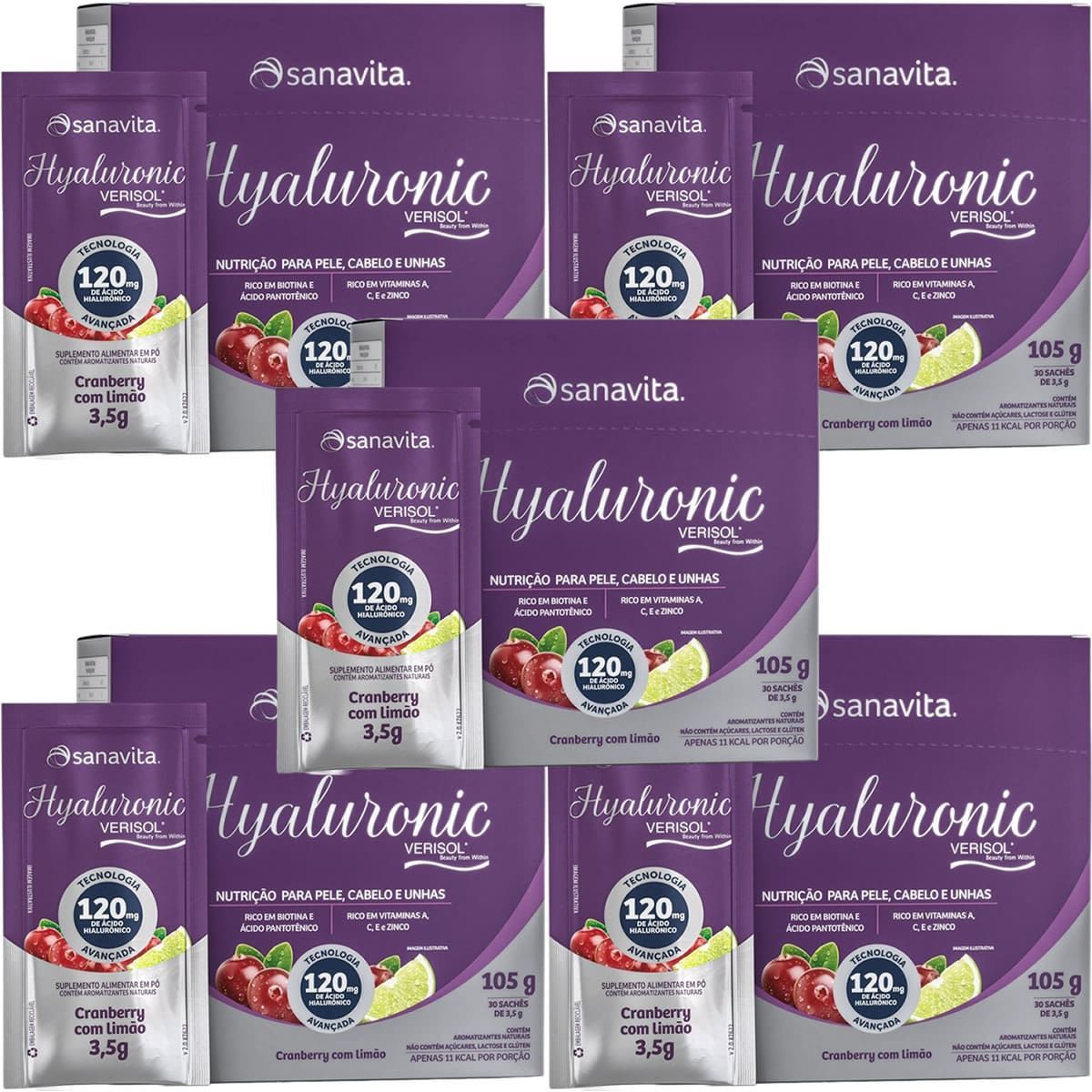 Kit 5X Hyaluronic Verisol 120mg - 30 Sticks de 3,5g Cranberry com Lim�o - Sanavita