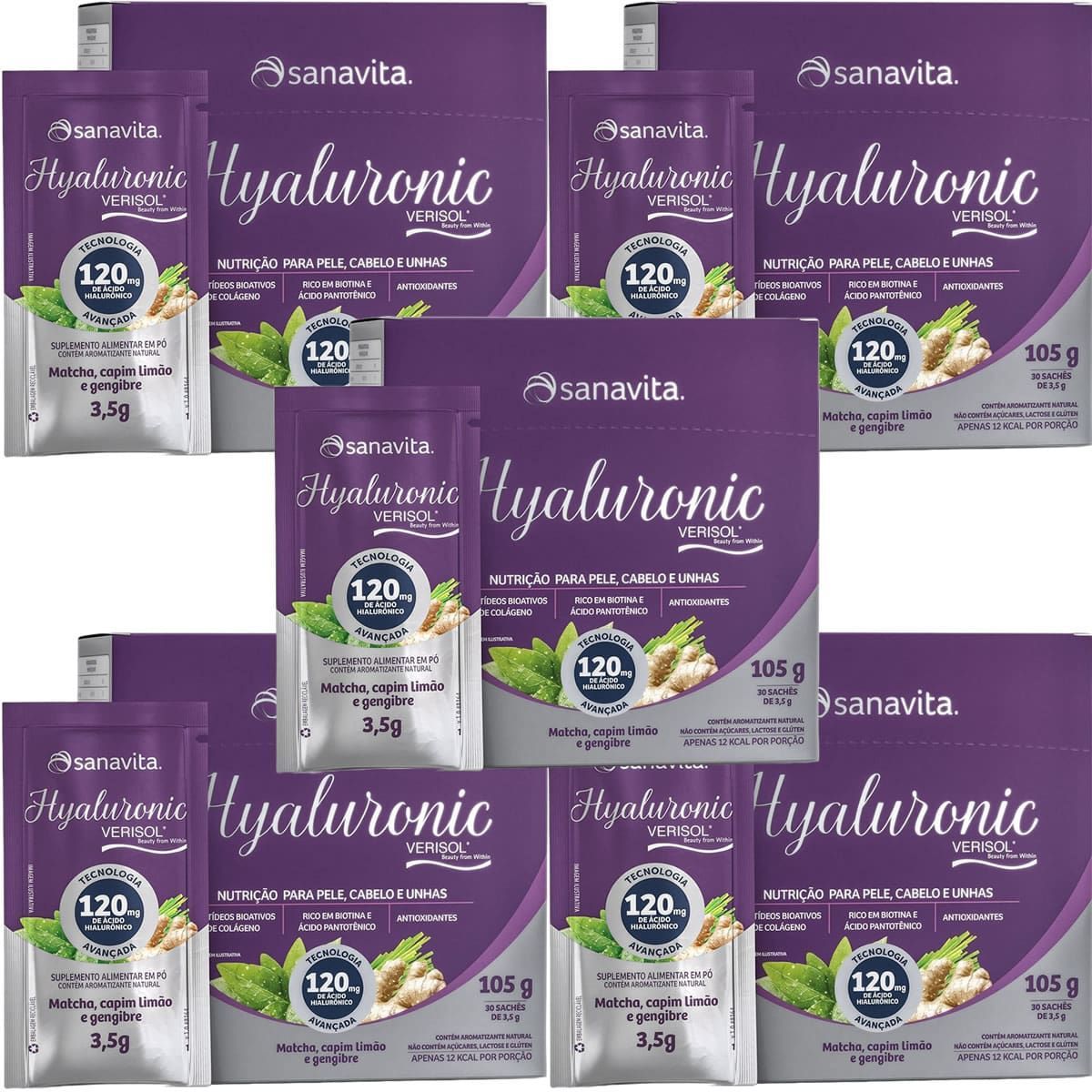 Kit 5X Hyaluronic Verisol 120mg - 30 Sticks de 3,5g Matacha, Capim Lim�o e Gengibre - Sanavita