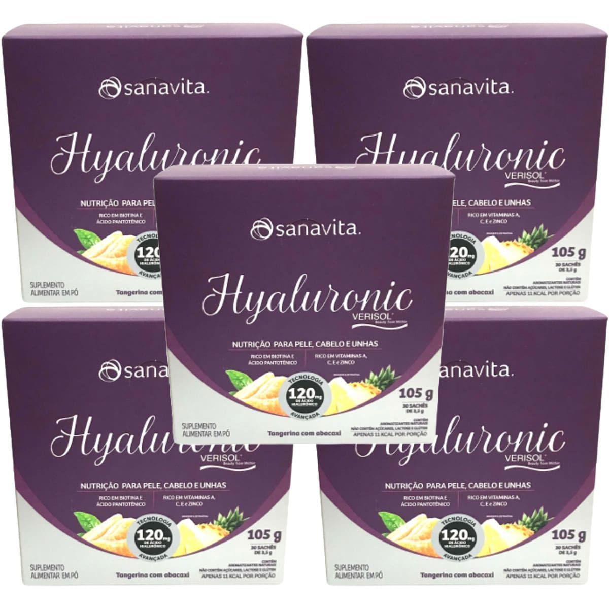 Kit 5X Hyaluronic Verisol 120mg - 30 Sticks de 3,5g Tangerina com Abacaxi - Sanavita
