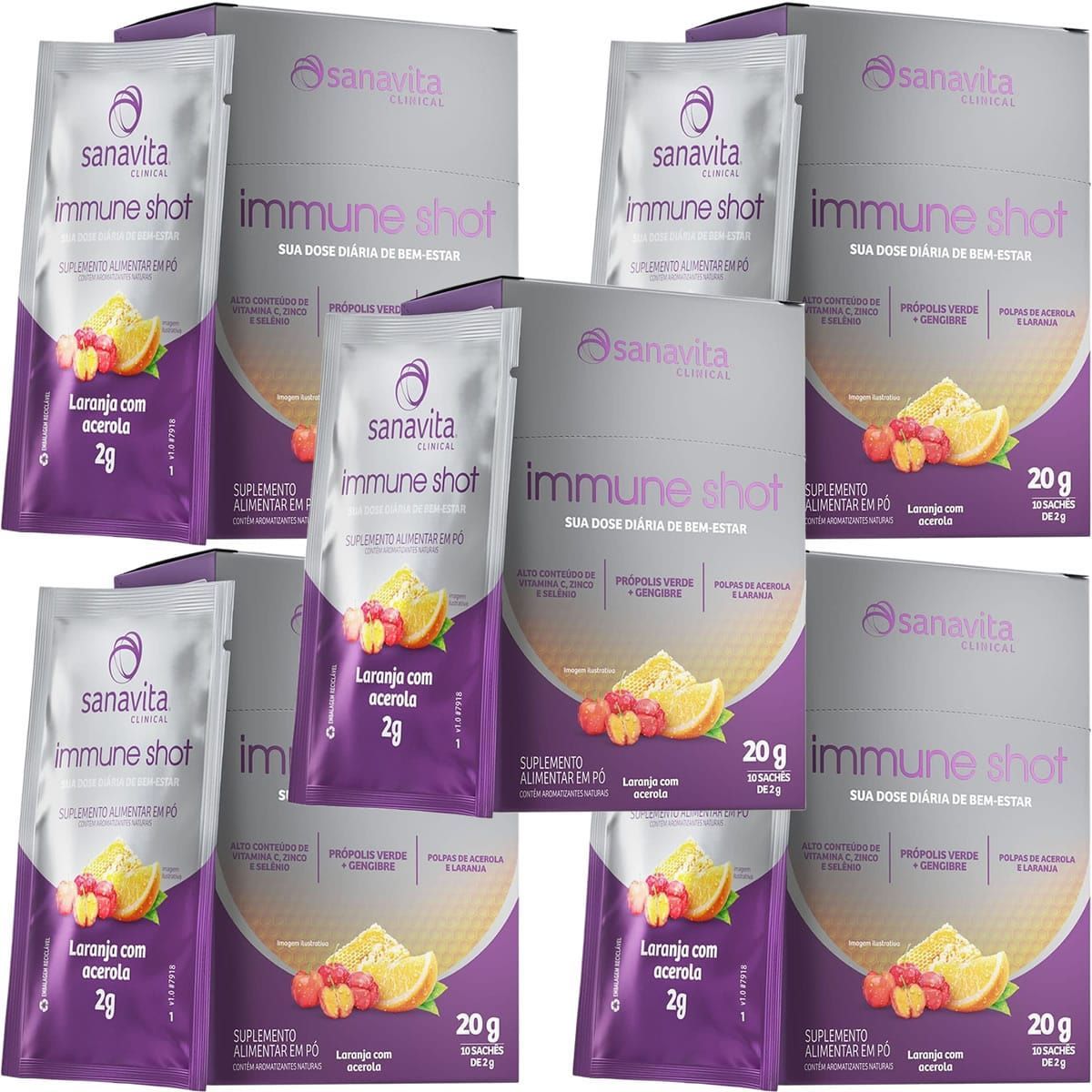 Kit 5X Immune Shot - 10 Sach�s de 2g Laranja com Acerola - Sanavita