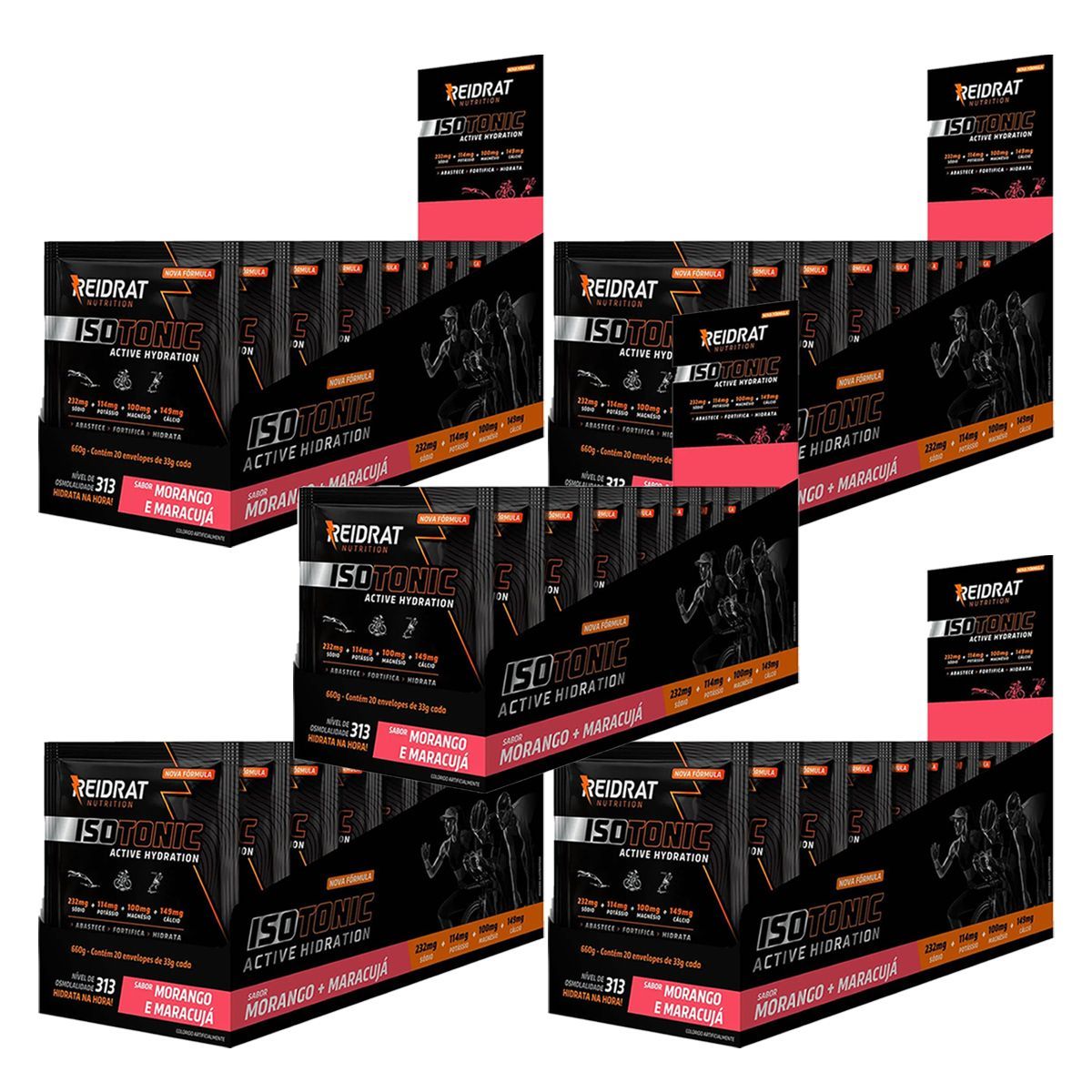 Kit 5X Isotonic Active Hydration - 20 Sach�s de 33g Morango e Maracuj� - Reidrat