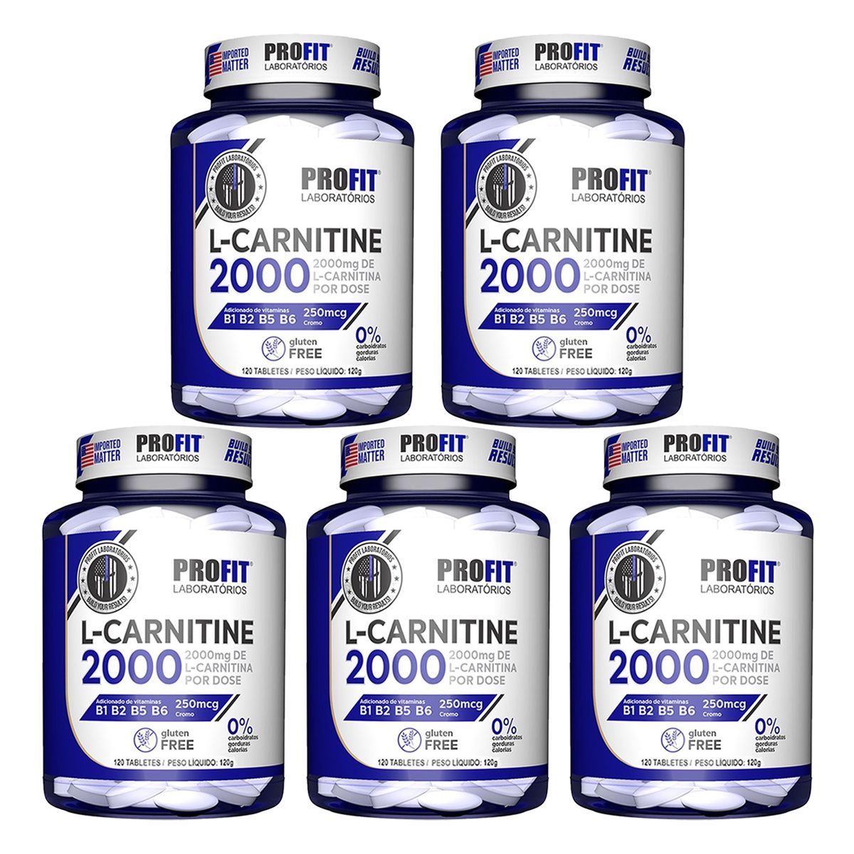 Kit 5X L-Carnitina 2000 + 250mcg Cromo - 120 Tabletes - ProFit