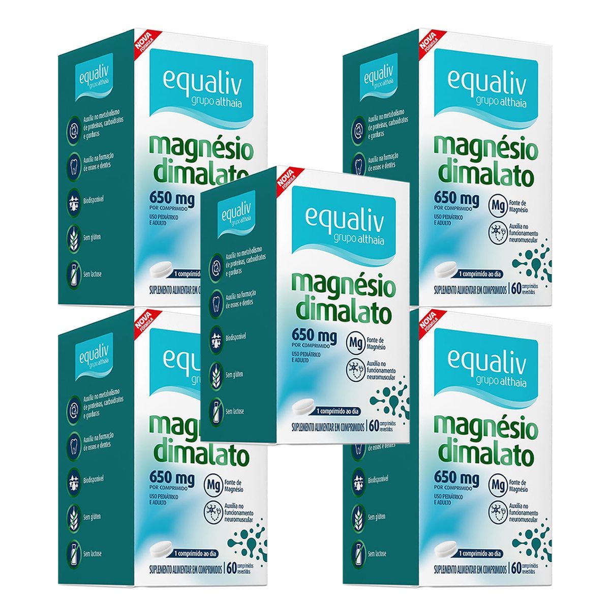 Kit 5X Magn�sio Dimalato - 60 Comprimidos - Equaliv
