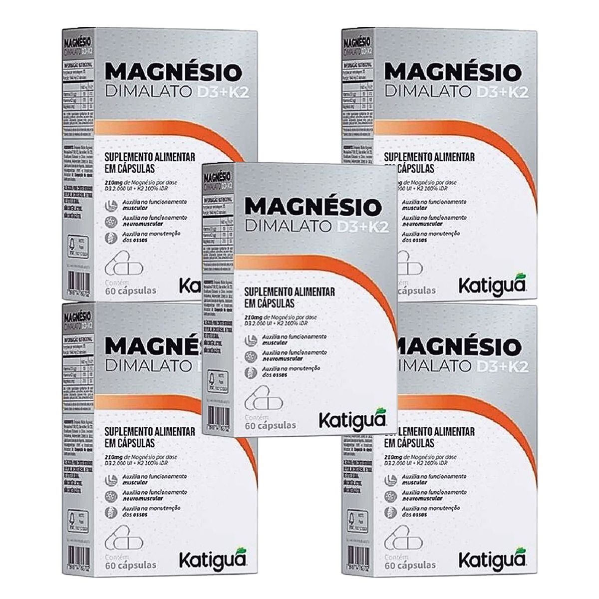 Kit 5X Magnesio Dimalato D3 + K2 - 60 C�psulas - Katigu�