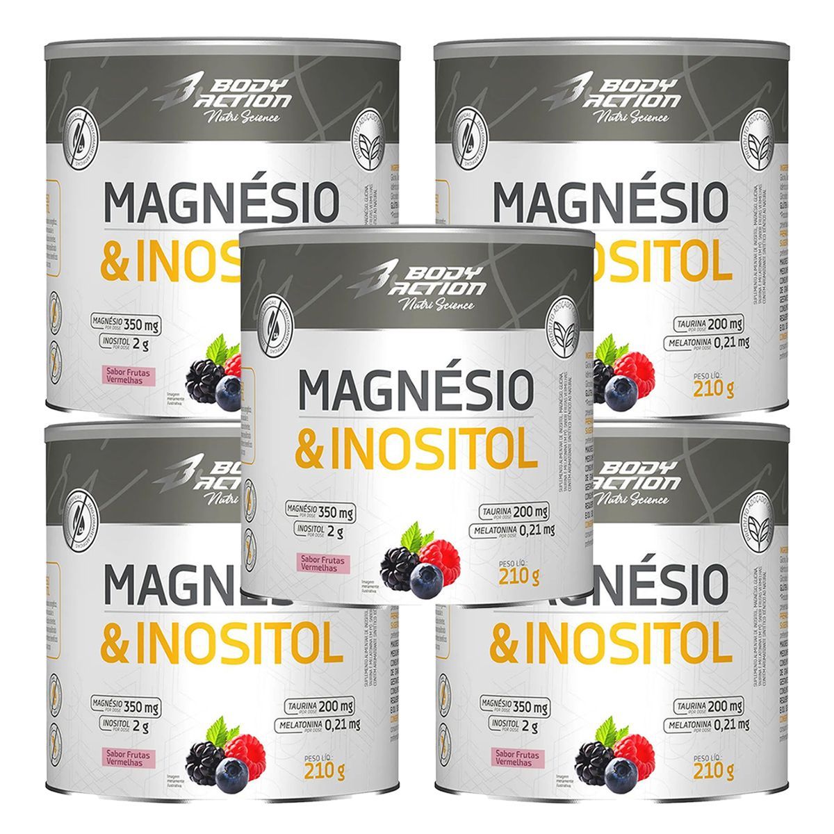 Kit 5X Magnesio & Inositol - 210g Frutas Vermelhas - Body Action