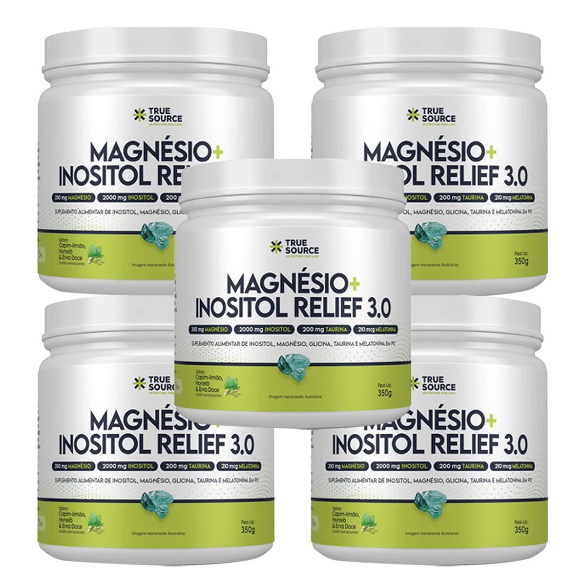 Kit 5X Magnesio + Inositol Relief 3.0 - 350g Capim Lim�o, Hortela e Erva Doce - True Source