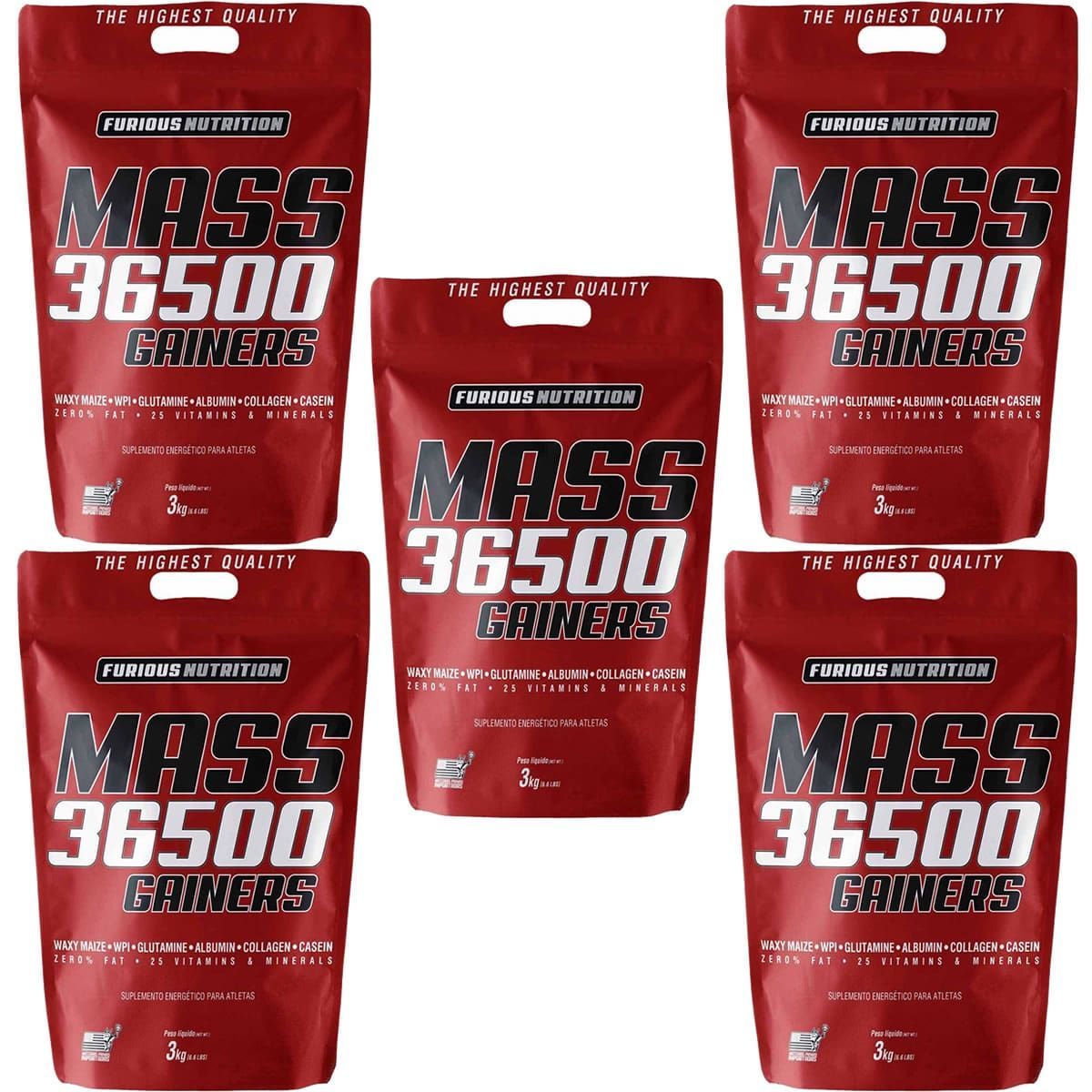 Kit 5X Mass 36500 Gainers - 3000g Chocolate - Furious Nutrition