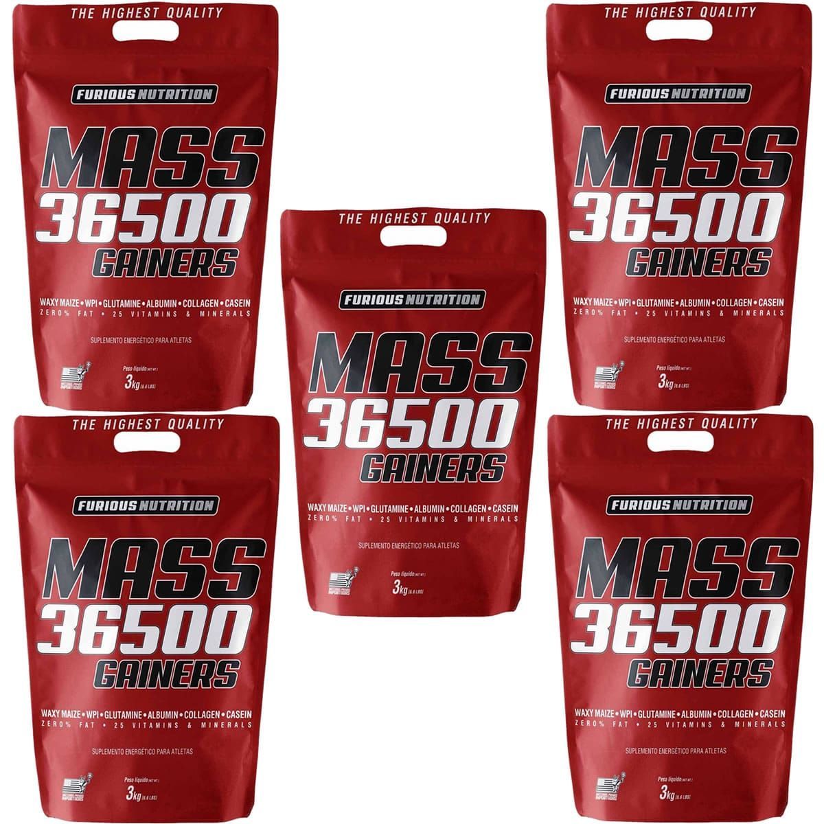 Kit 5X Mass 36500 Gainers - 3000g Morango - Furious Nutrition