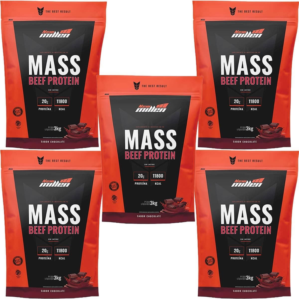 Kit 5X Mass Beef Protein - 3000g Refil Chocolate - New Millen