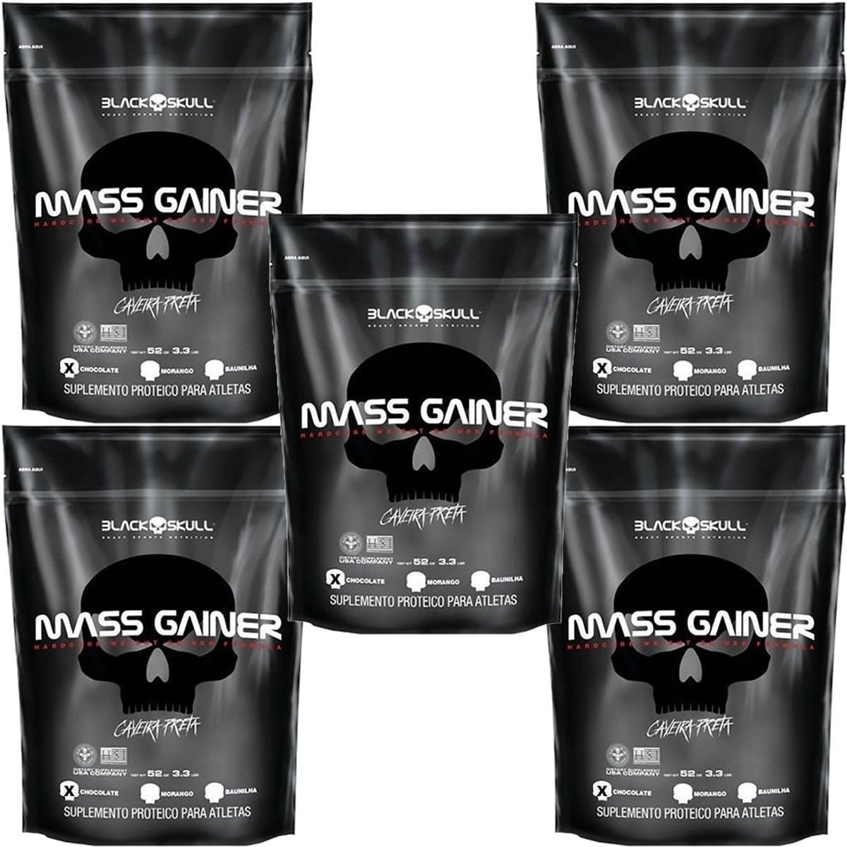 Kit 5X Mass Gainer - 3000g Refil Chocolate - Black Skull