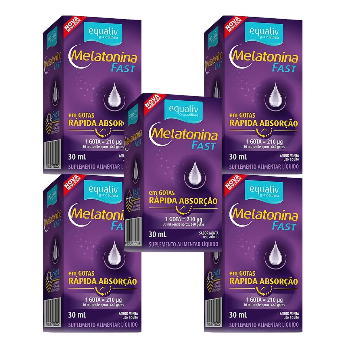 Kit 5X Melatonina Fast Gotas - 30ml Menta - Equaliv