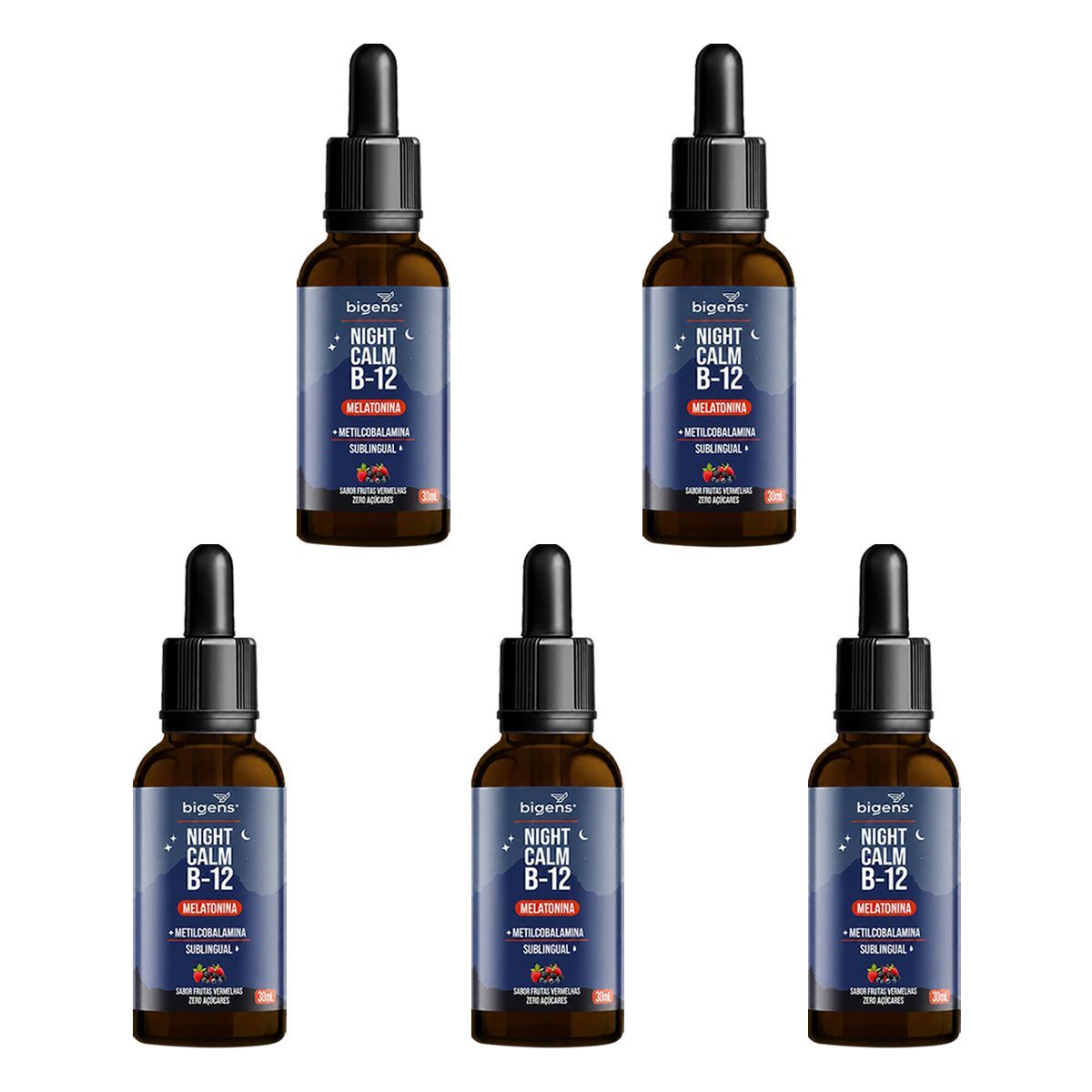 Kit 5X Melatonina Night Calm + B12 - 30ml Frutas Vermelhas - Bigens