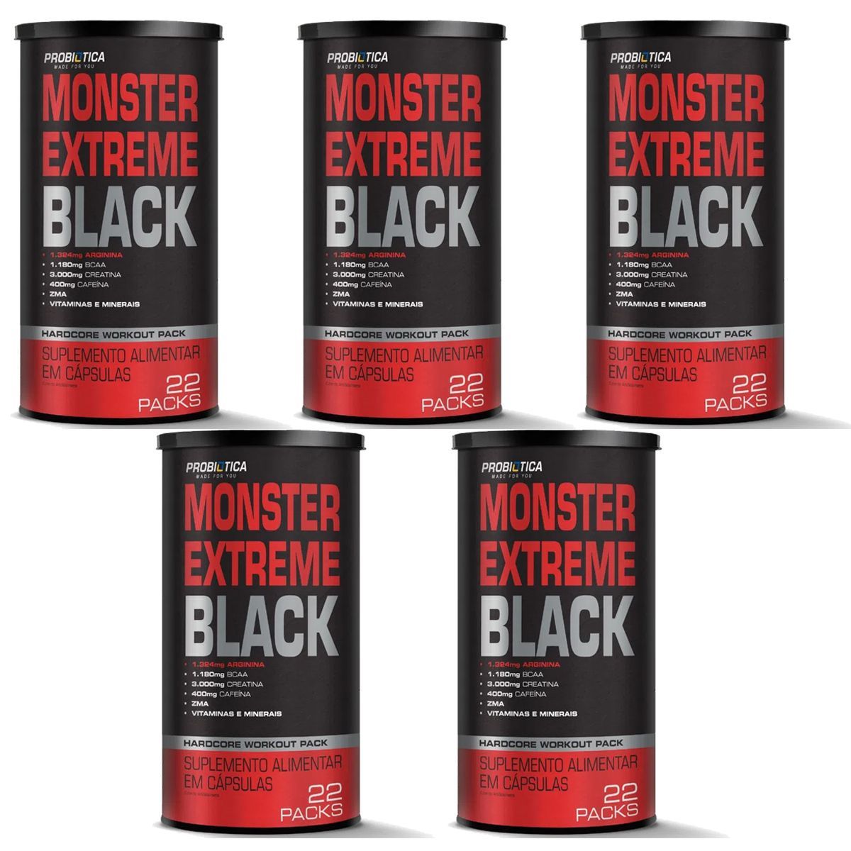 Kit 5X Monster Extreme Black New Power Formula - 22 Packs - Probi�tica