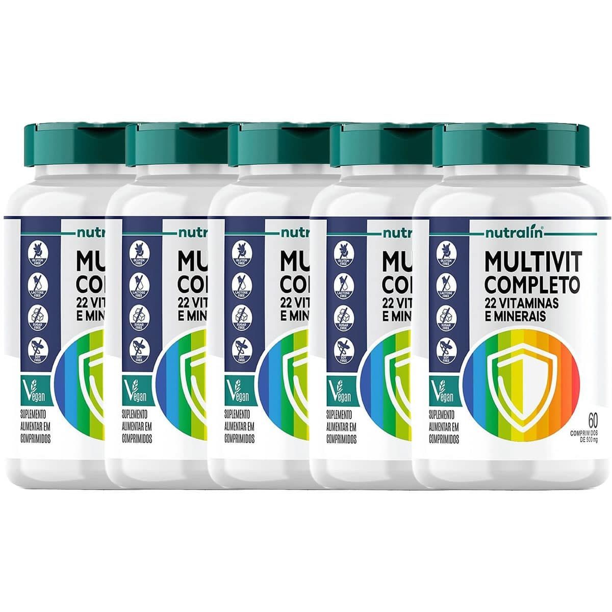 Kit 5X Multivit Completo 22 Vitaminas e Minerais Vegano - 60 Comprimidos - Nutralin