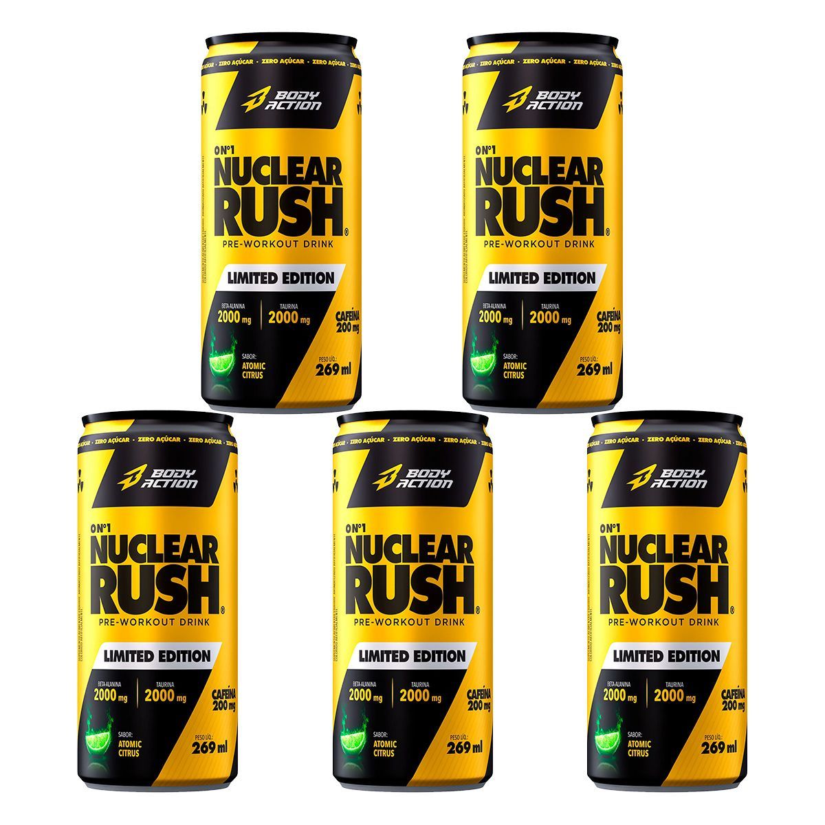 Kit 5X Nuclear Rush Pre Workout Drink - 269ml Atomic Citrus - BodyAction