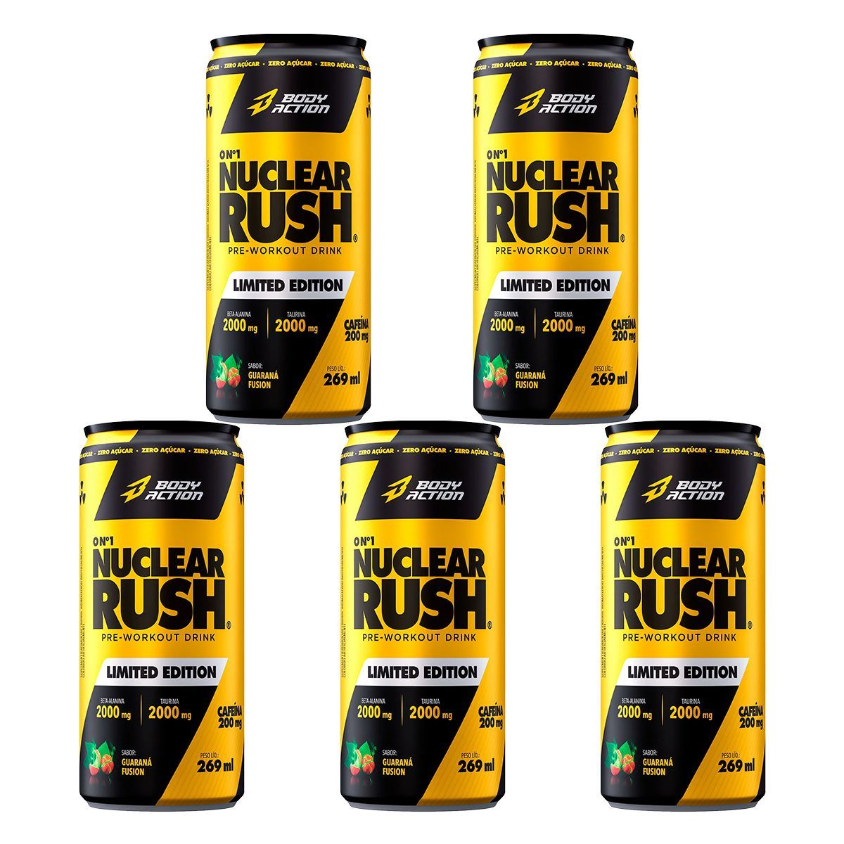 Kit 5X Nuclear Rush Pre Workout Drink - 269ml Guaran� Fusion - BodyAction