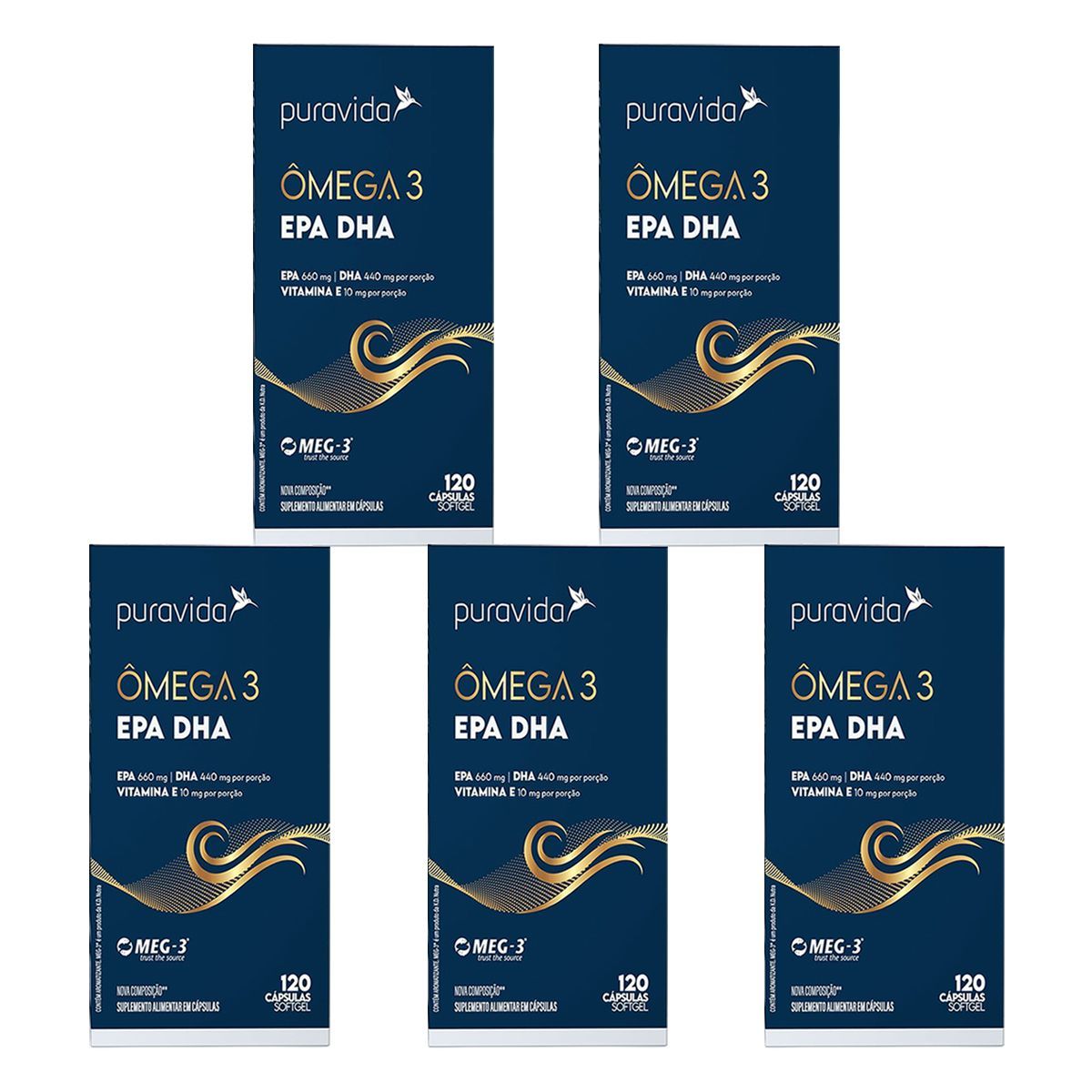 Kit 5X Omega 3 EPA DHA Nova Composi��o - 120 C�psulas - Puravida