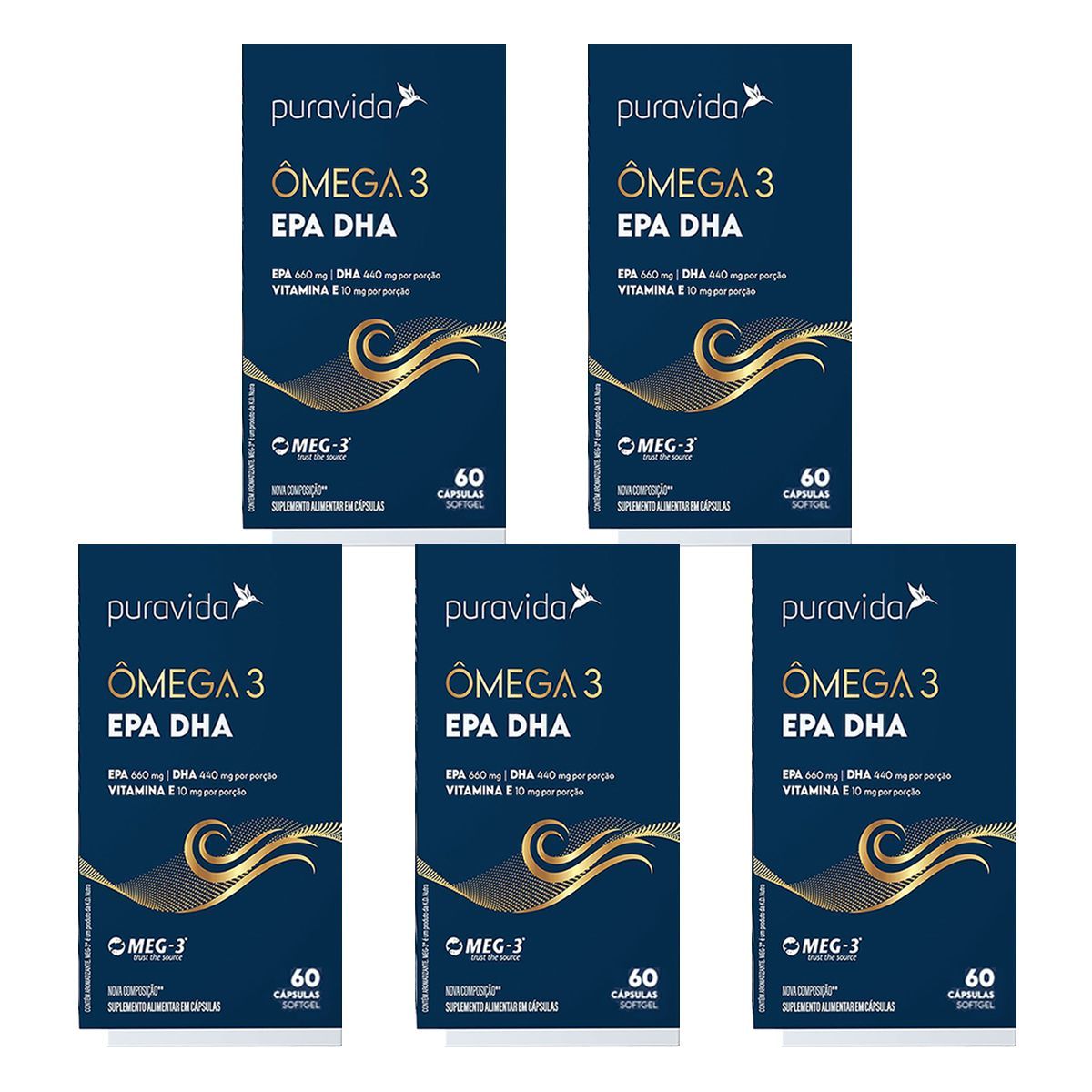 Kit 5X �mega 3 EPA DHA Nova Composi��o - 60 C�psulas Softgel - Puravida