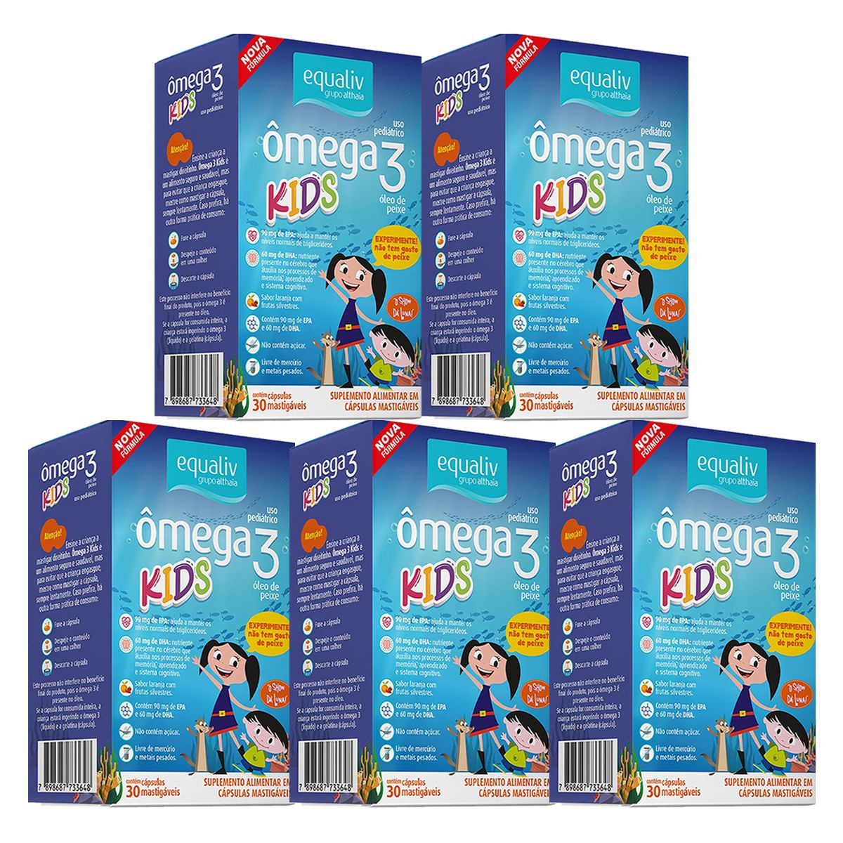 Kit 5X �mega 3 Kids � 30 C�psulas Mastig�veis  Laranja com Frutas Silvestres  - Equaliv