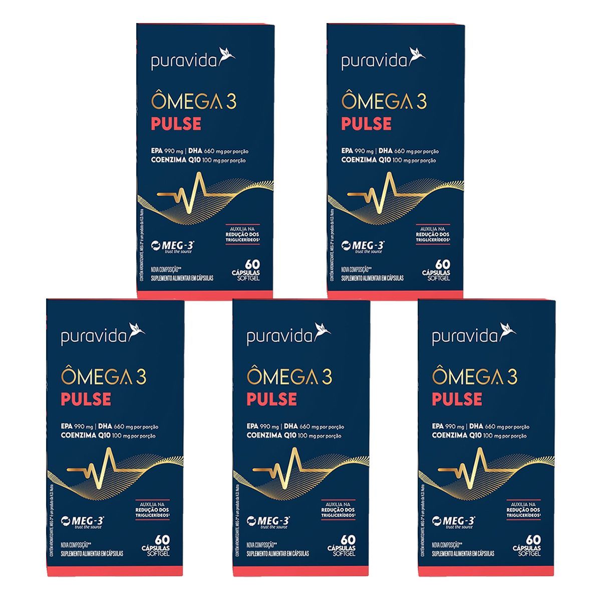 Kit 5X �mega 3 Pulse Nova Composi��o - 60 C�psulas Softgel - Puravida