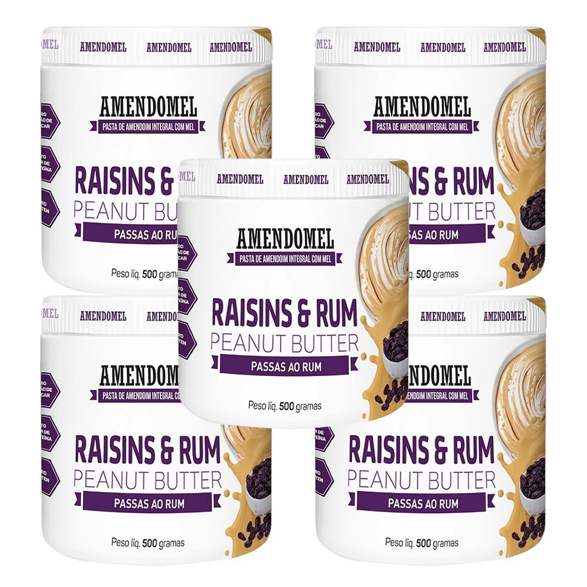 Kit 5X Pasta Amendomel - 500g Chocolate Branco e Passas Rum - Amendomel