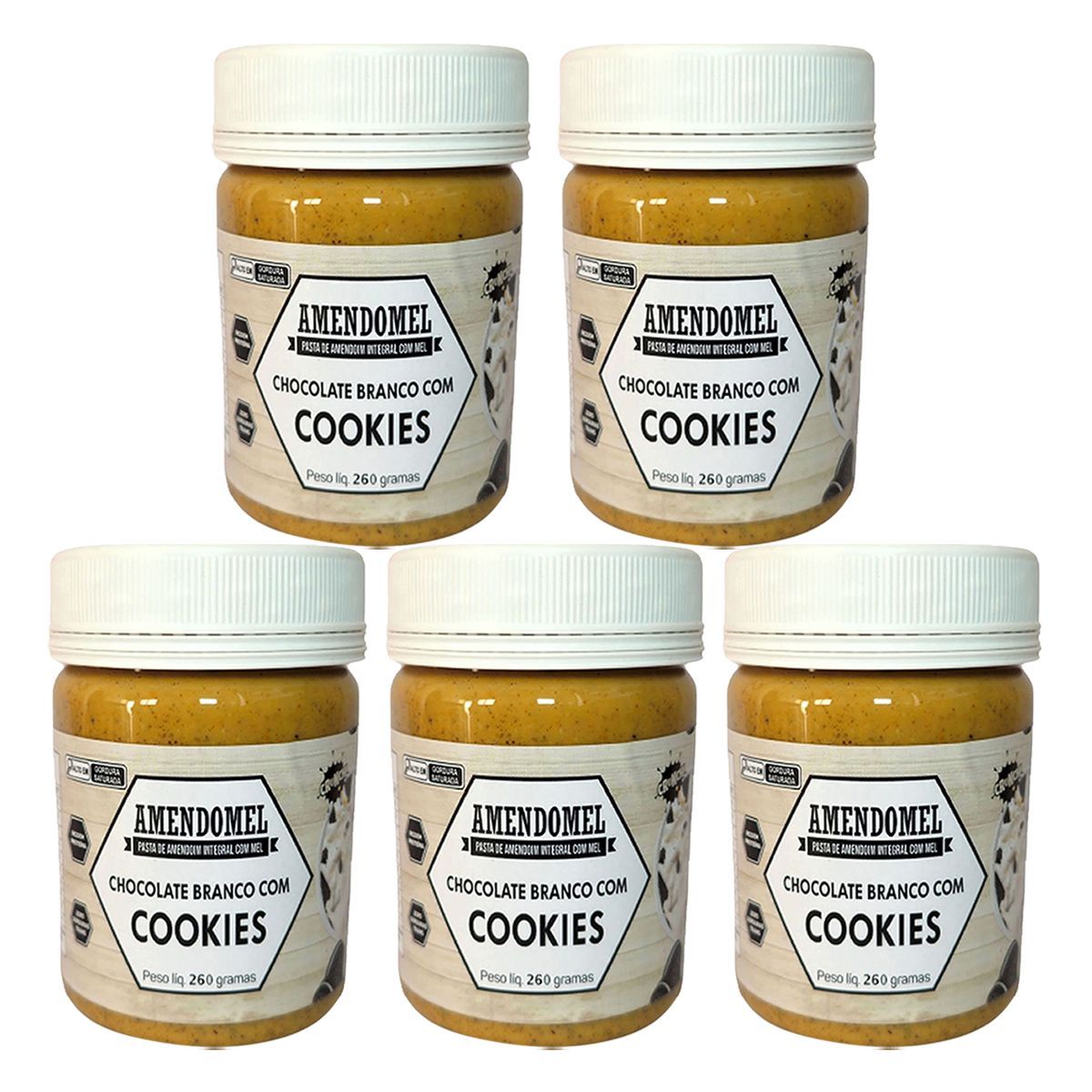 Kit 5X Pasta de Amendoim - 260g Chocolate Branco Com Cookies - Amendomel