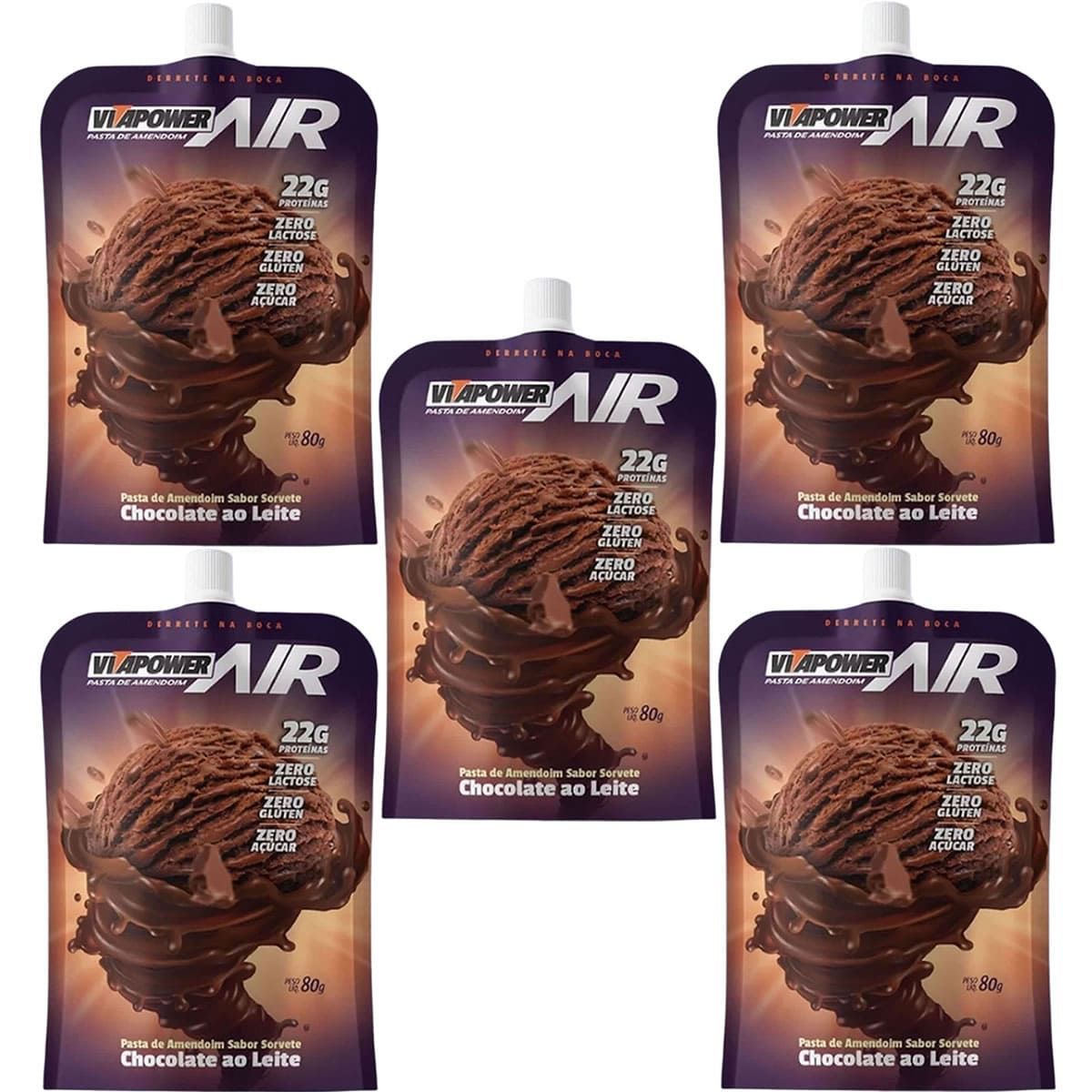 Kit 5X Pasta de Amendoim - 80g Pouch Sorvete Chocolate ao Leite - VitaPower Air