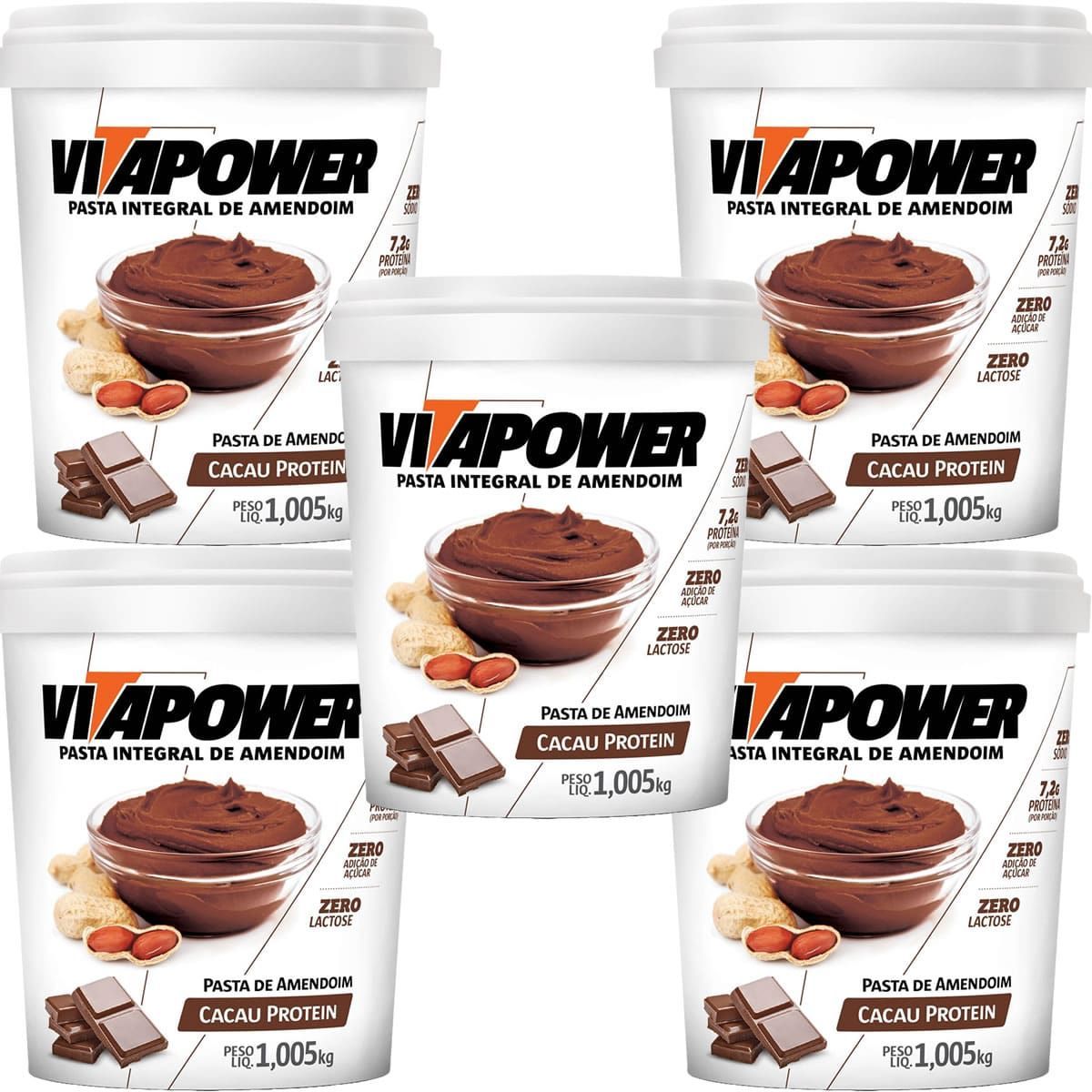 Kit 5X Pasta Integral de Amendoim - 1005g Cacau Protein - VitaPower