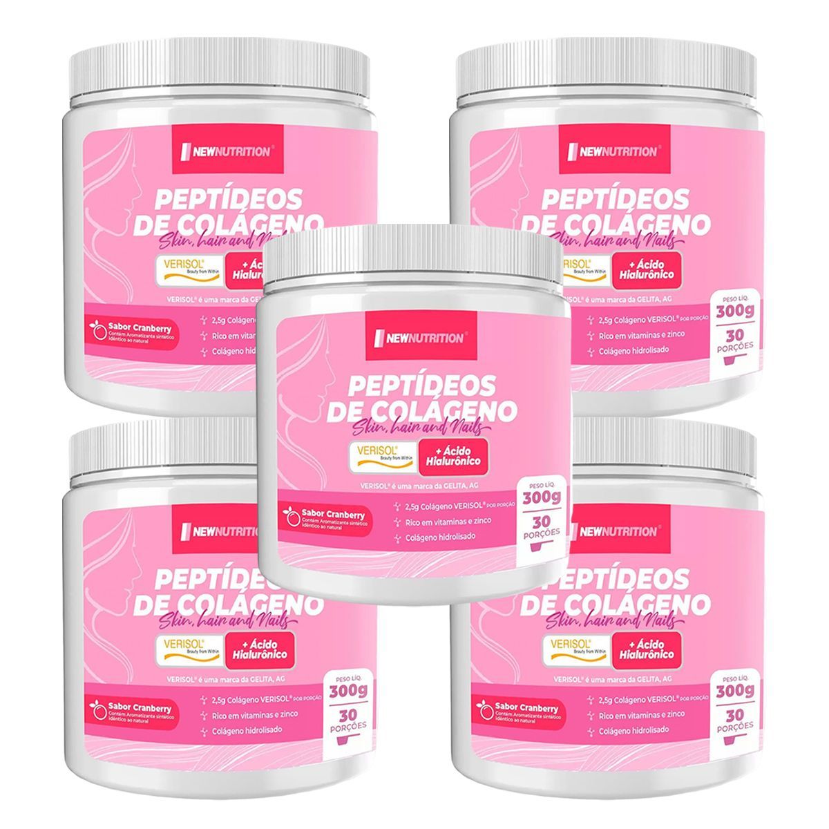 Kit 5X Pept�deos de Col�geno Verisol com �cido Hialur�nico - 300g Cranberry - NewNutrition