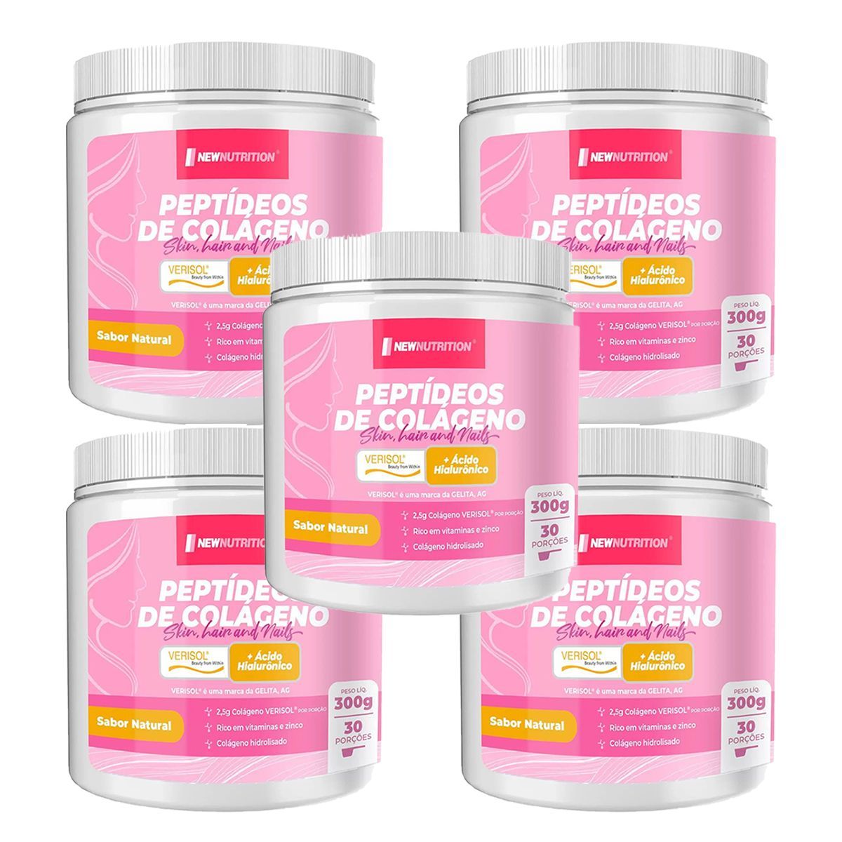 Kit 5X Pept�deos de Col�geno Verisol com �cido Hialur�nico - 300g Natural - NewNutrition