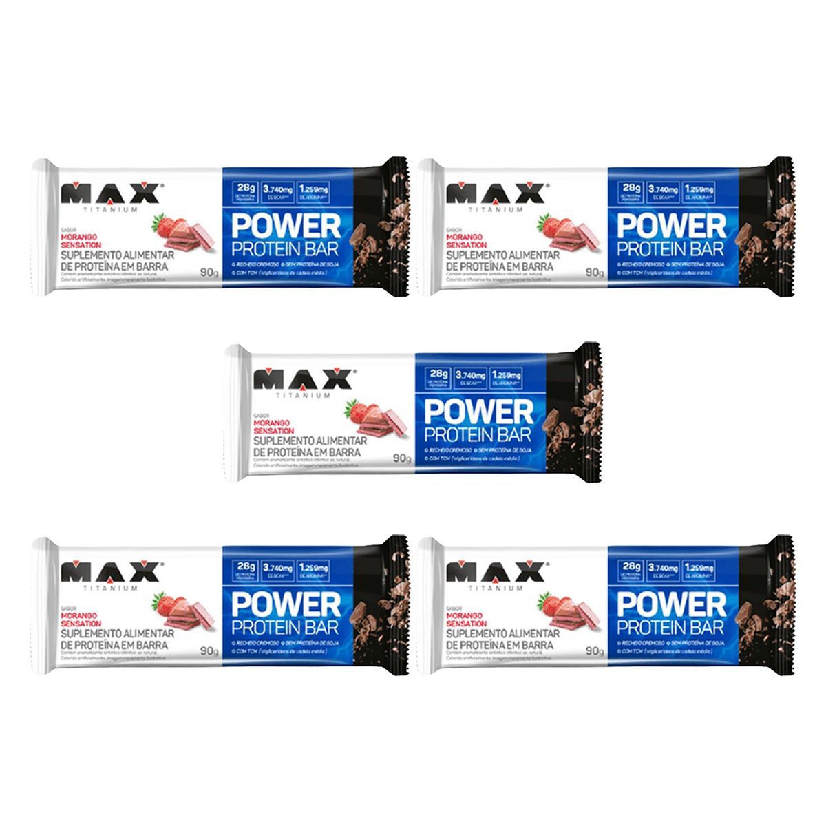 Kit 5X Power Protein Bar - 1 Unidade 90g Morango Sensation - Max Titanium