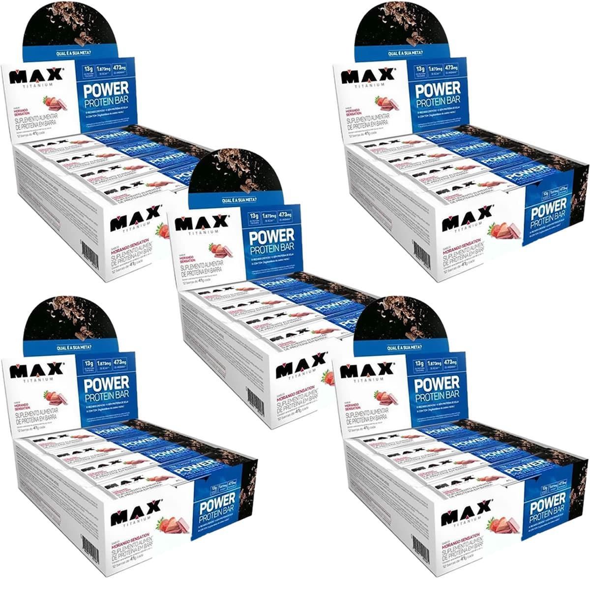 Kit 5X Power Protein Bar - 12 unidades 41g Morango Sensation - Max Titanium