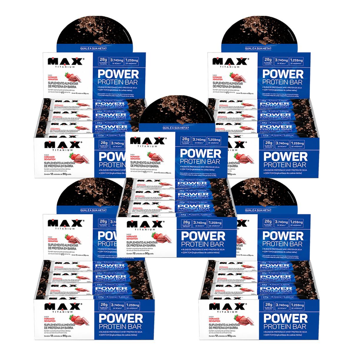 Kit 5X Power Protein Bar - 8 unidades 90g Morango Sensation - Max Titanium