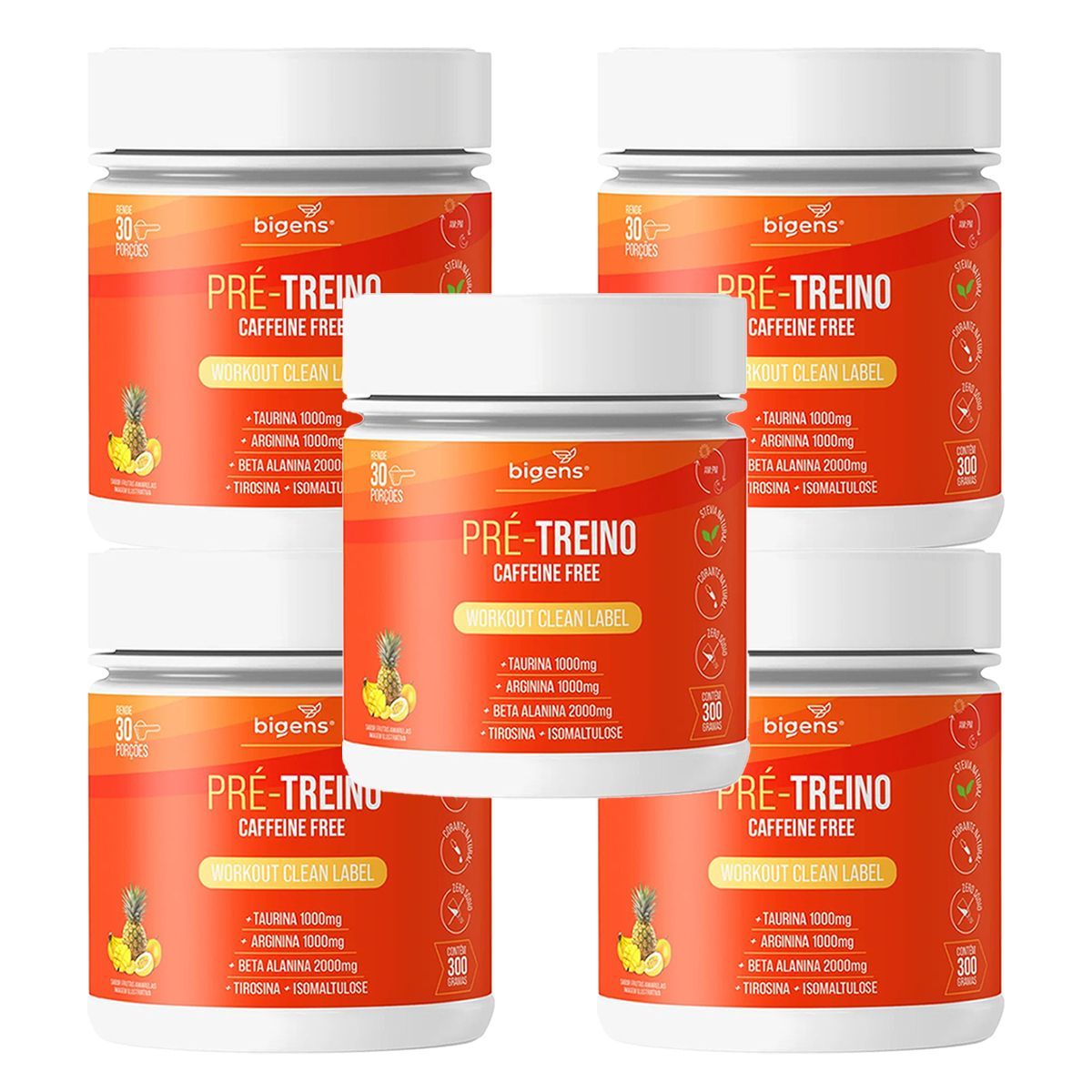 Kit 5X Pr�-Treino Caffeine Free - 300g Frutas Amarelas - Bigens