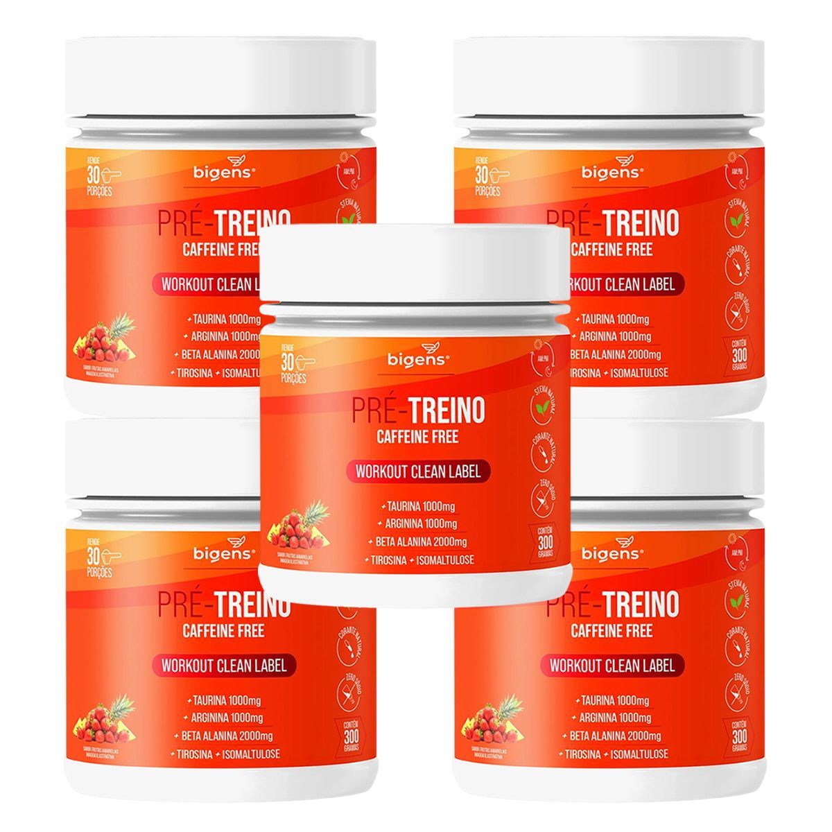 Kit 5X Pr�-Treino Caffeine Free - 300g Morango e Abacaxi - Bigens
