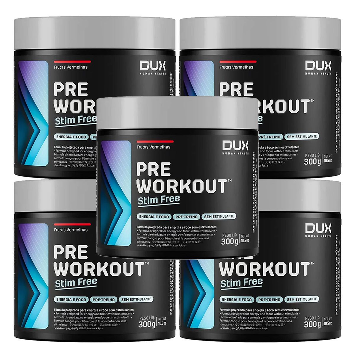 Kit 5X Pre Workout Stim Free - 300g Frutas Vermelhas - Dux Human Health