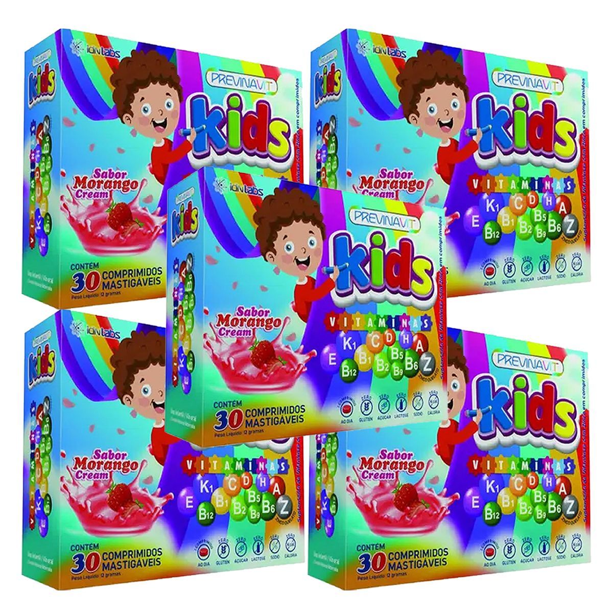 Kit 5X Previnavit Kids Vitaminas - 30 Comprimidos Mastigaveis Morango - IDN Labs