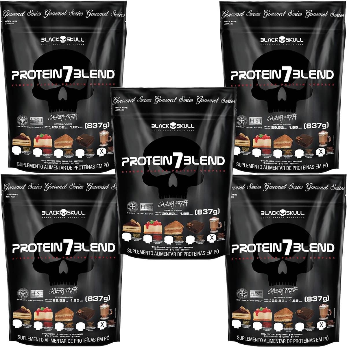 Kit 5X Protein 7Blend Gourmet - 837g Refil Moccha Coffee - Black Skull