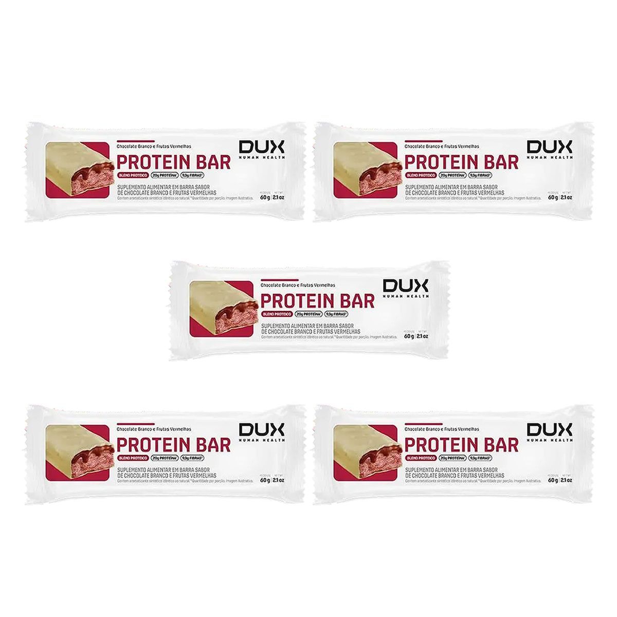 Kit 5X Protein Bar - 1 Unidade 60g Chocolate Branco e Frutas Vermelhas - Dux Nutrition