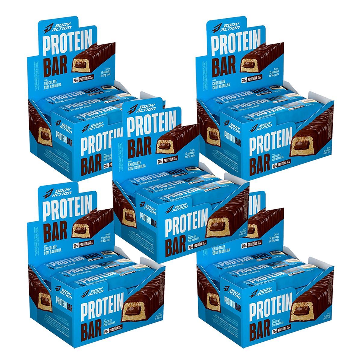 Kit 5X Protein Bar - 12 Unidades de 55g Chocolate Com Baunilha - Bodyaction