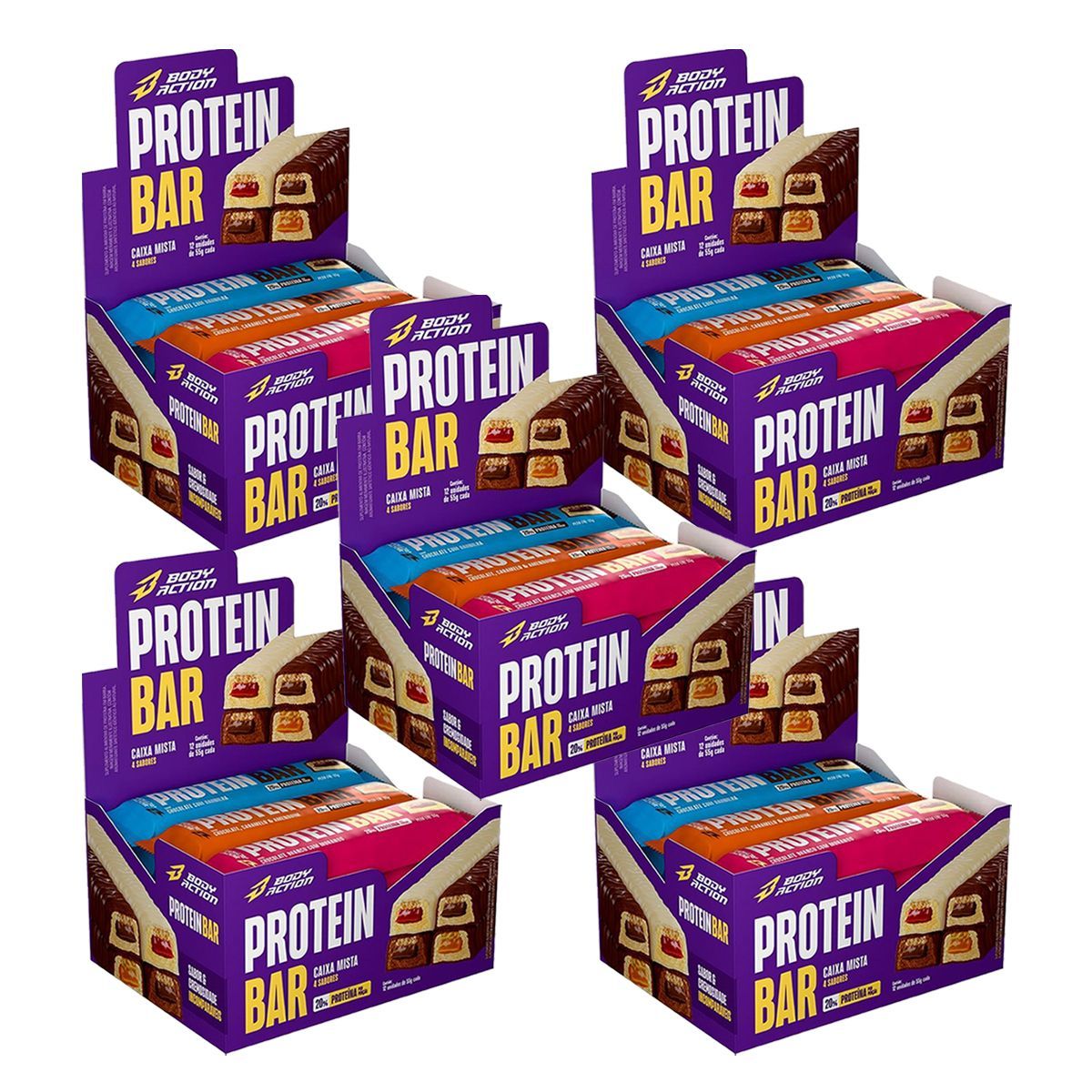 Kit 5X Protein Bar - 12 Unidades de 55g Mista - Bodyaction
